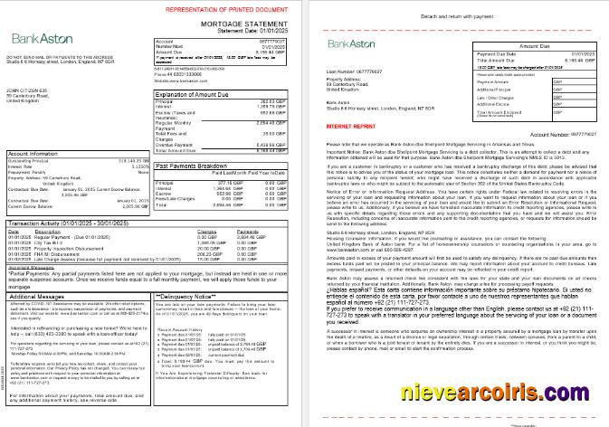 United Kingdom Bank of Aston bank mortgage statement, 3 pages 1-2